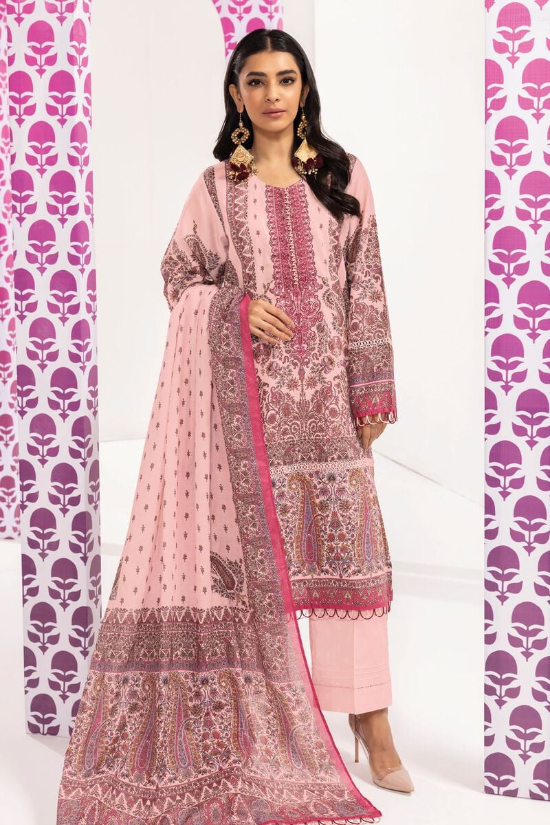 Khaadi | 3 Piece Unstitched Printed Embroidered Lawn Suit | BLA240108-Pink