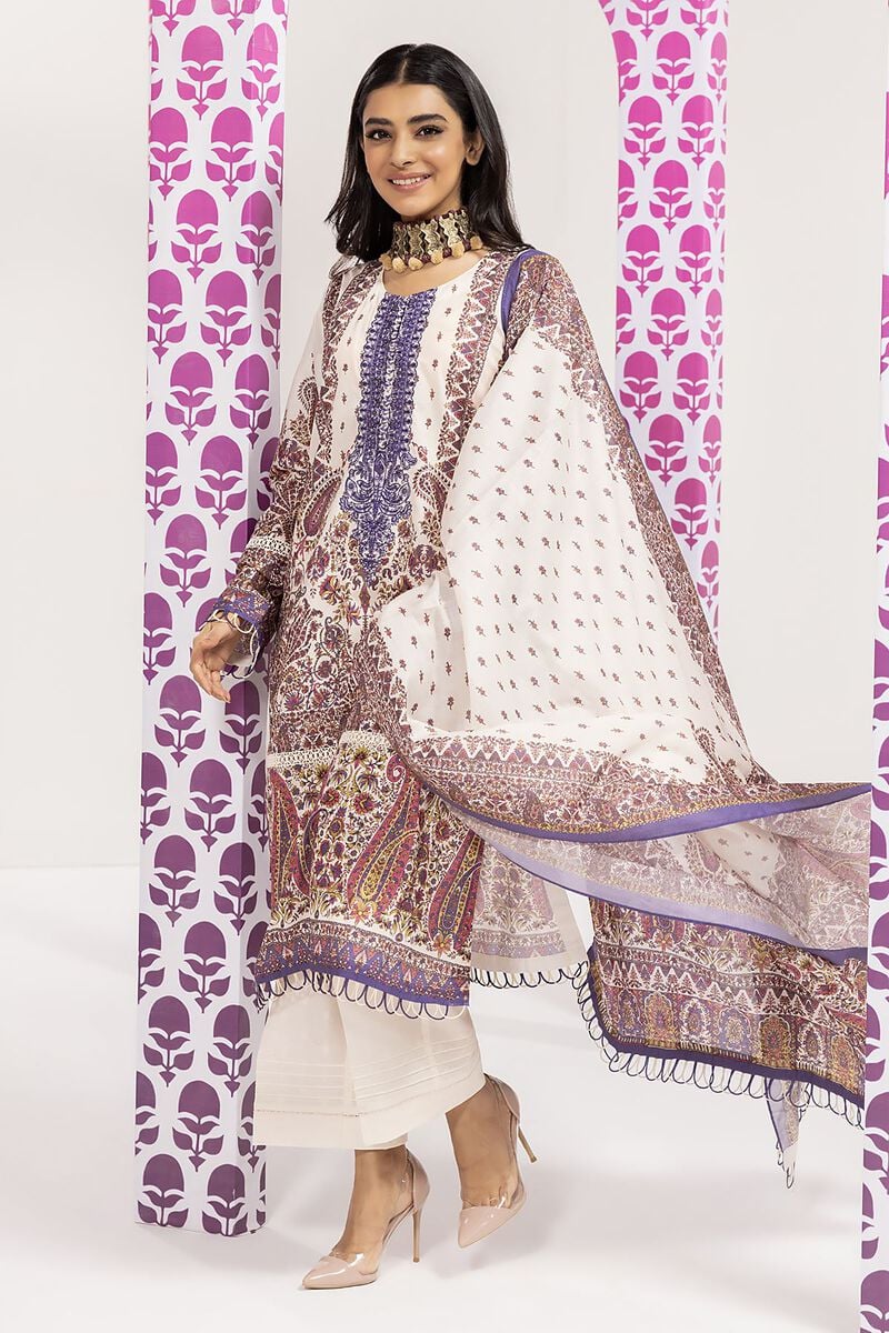 Khaadi | 3 Piece Unstitched Printed Embroidered Lawn Suit | BLA240108-Off-white