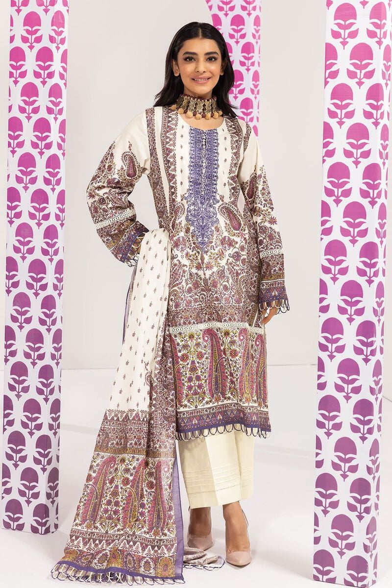 Khaadi | 3 Piece Unstitched Printed Embroidered Lawn Suit | BLA240108-Off-white