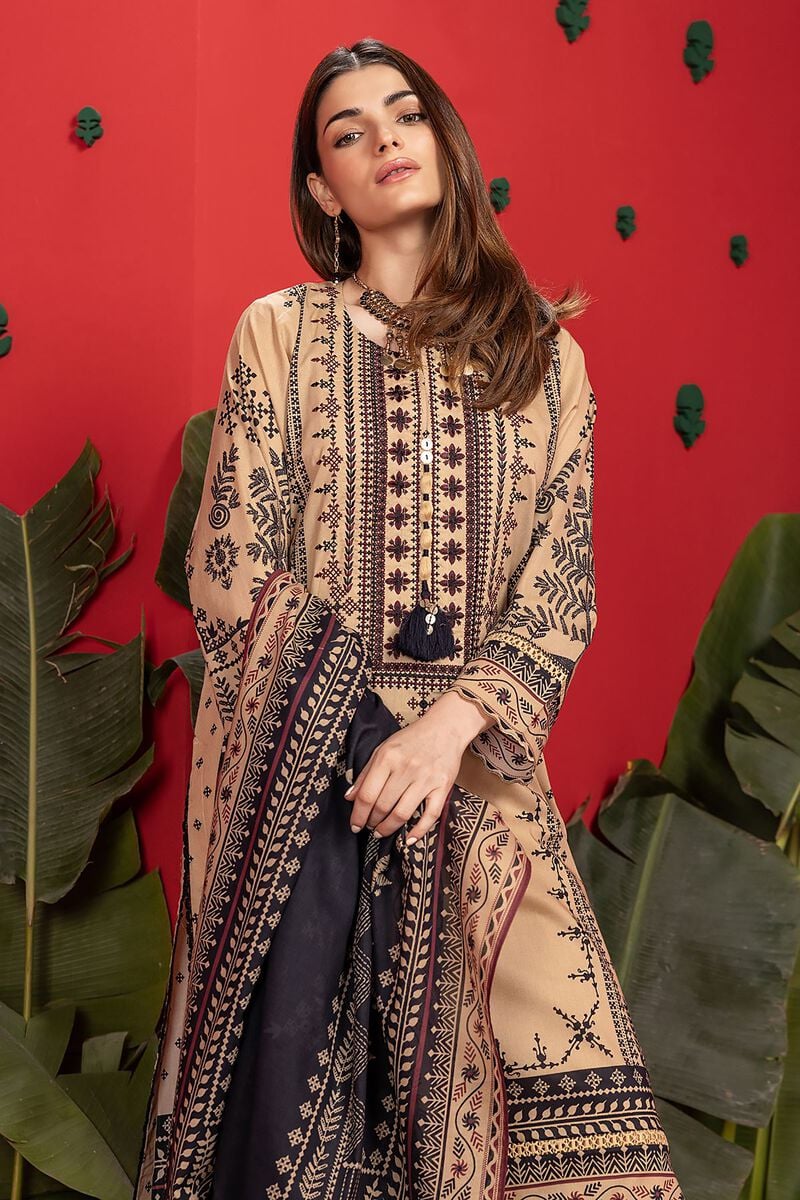 Khaadi | 3 Piece Unstitched Printed Embroidered Lawn Suit | BLA240111-Beige