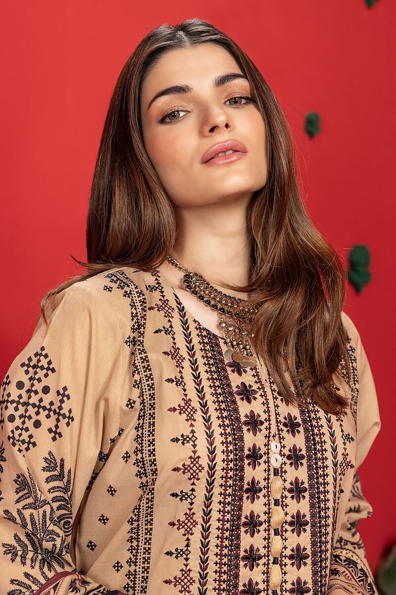 Khaadi | 3 Piece Unstitched Printed Embroidered Lawn Suit | BLA240111-Beige