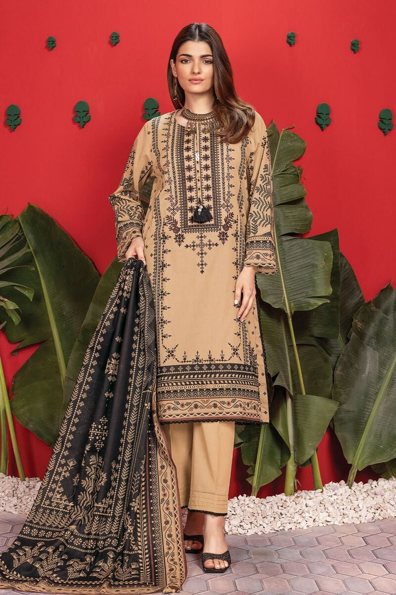 Khaadi | 3 Piece Unstitched Printed Embroidered Lawn Suit | BLA240111-Beige