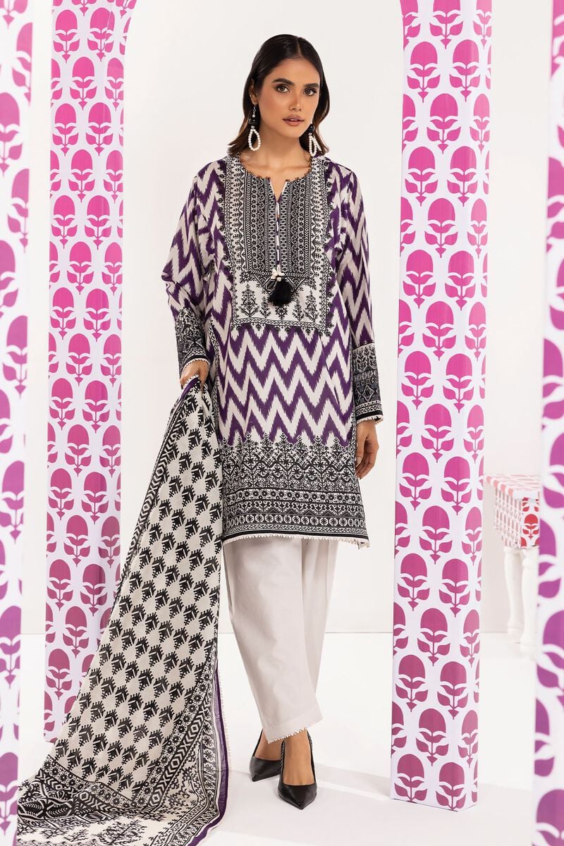 Khaadi | 3 Piece Unstitched Printed Embroidered Lawn Suit | BLA240122-Purple