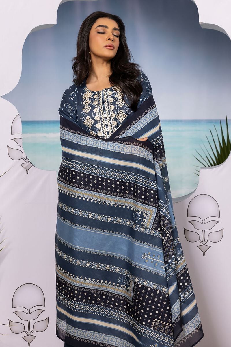 Khaadi | 3 Piece Unstitched Printed Embroidered Lawn Suit | BLA240127-Blue