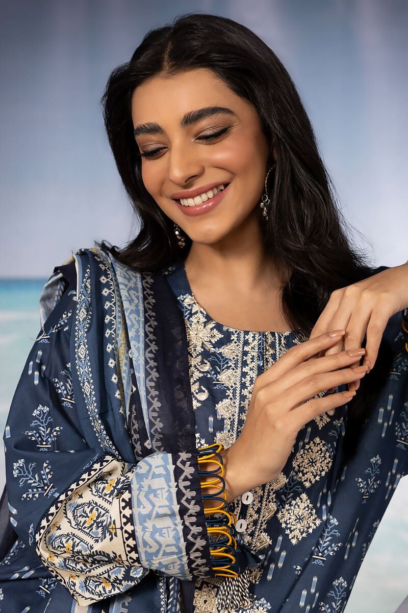 Khaadi | 3 Piece Unstitched Printed Embroidered Lawn Suit | BLA240127-Blue