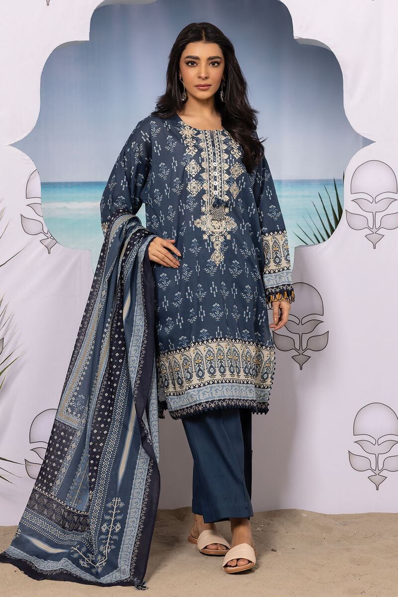 Khaadi | 3 Piece Unstitched Printed Embroidered Lawn Suit | BLA240127-Blue