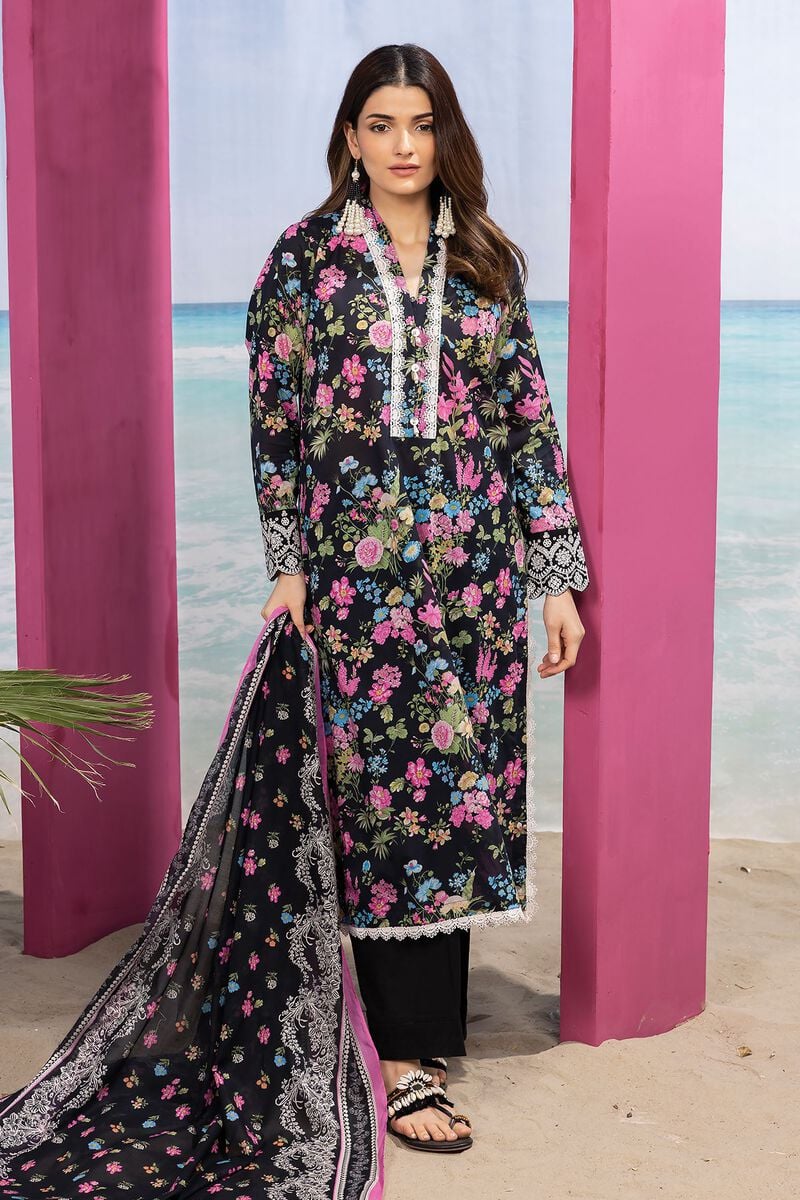 Khaadi | 3 Piece Unstitched Printed Embroidered Lawn Suit | BLA240129-Black