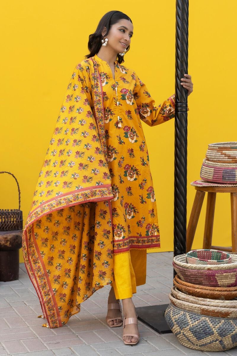Khaadi | 2 Piece Unstitched Cambric - Top & Dupatta | LLA231201-Yellow