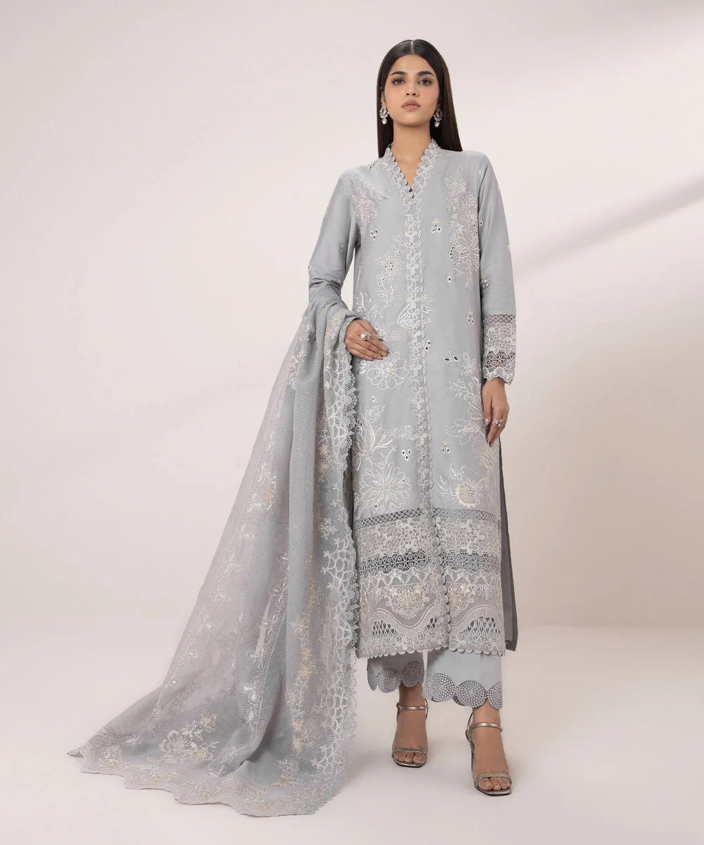 SAPPHIRE | UNSTITCHED 3 PIECE EMBROIDERED COTTON SATIN SUIT