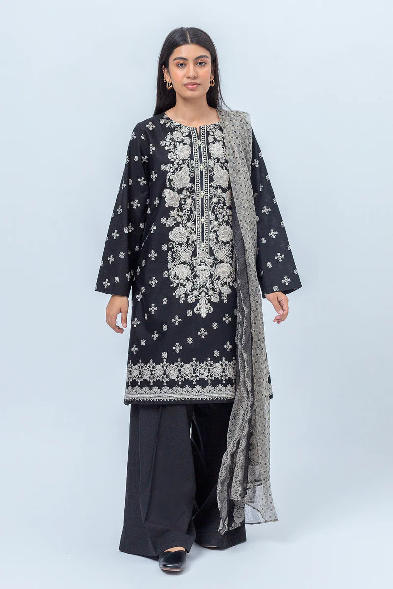 BEECHTREE | 3 Piece Unstitched Cambric Suit | Midnight Black