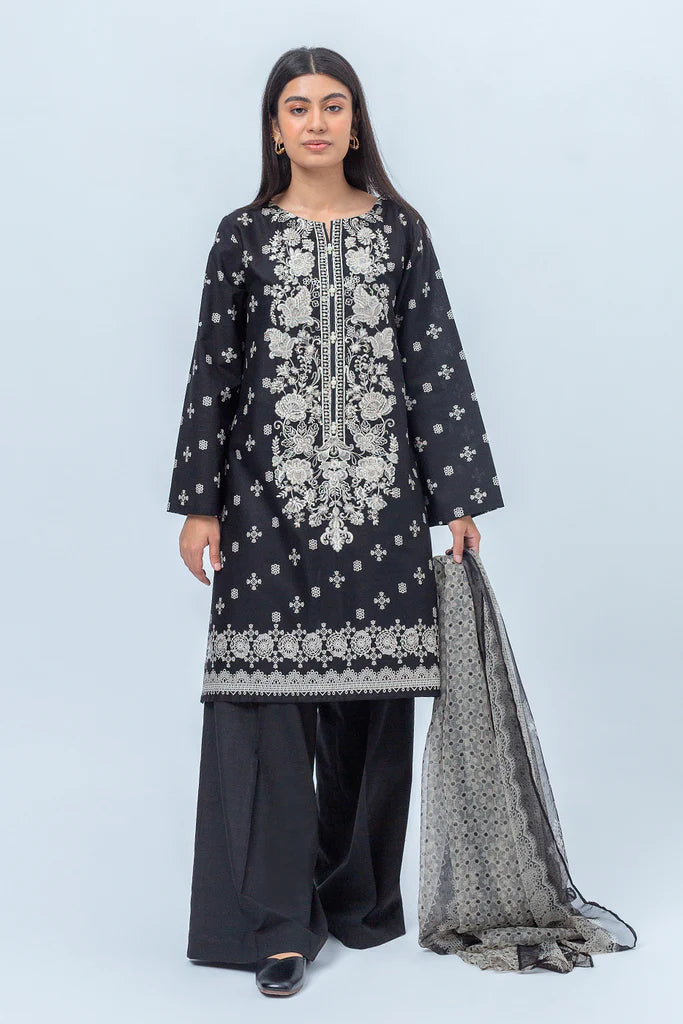 BEECHTREE | 3 Piece Unstitched Cambric Suit | Midnight Black