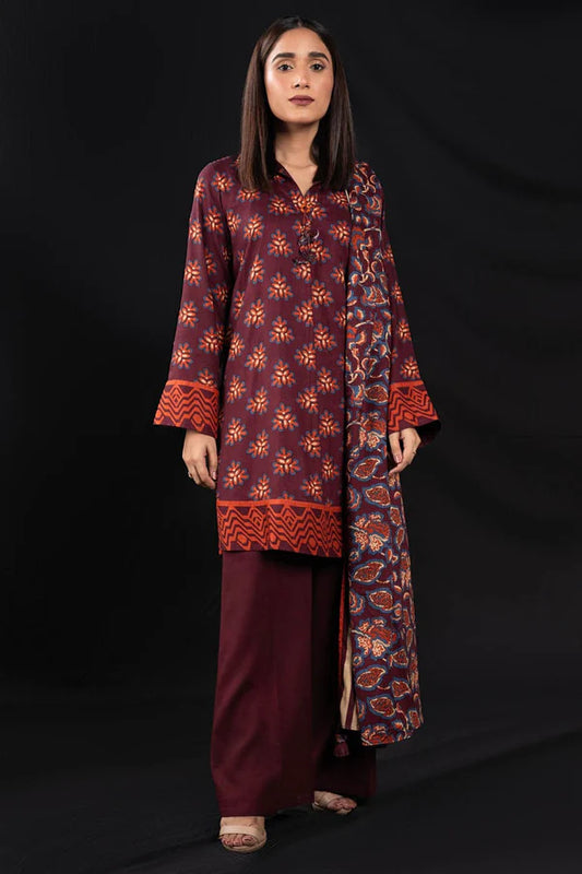 ALKARAM | Unstitched 3 Pc Printed Cross Slub Viscose Suit With Cross Slub Viscose Dupatta | Winter