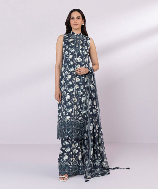 SAPPHIRE | UNSTITCHED 3 PIECE EMBROIDERED COTTON SATIN SUIT
