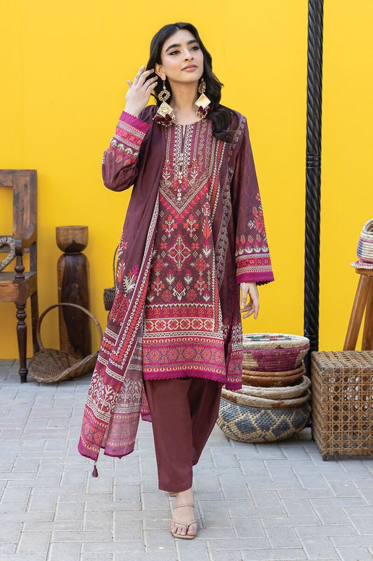 Khaadi | 3 Piece Unstitched Printed Lawn Suit | ALA231250-Maroon