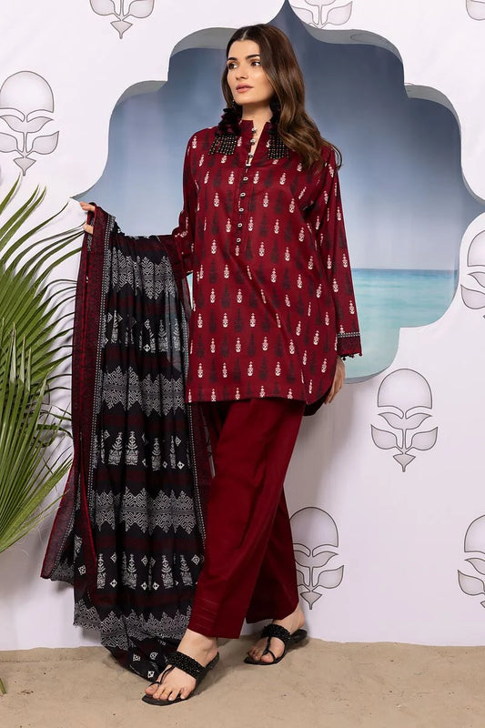 Khaadi | 3 Piece Unstitched Printed Lawn Suit | ALA240113 - Maroon