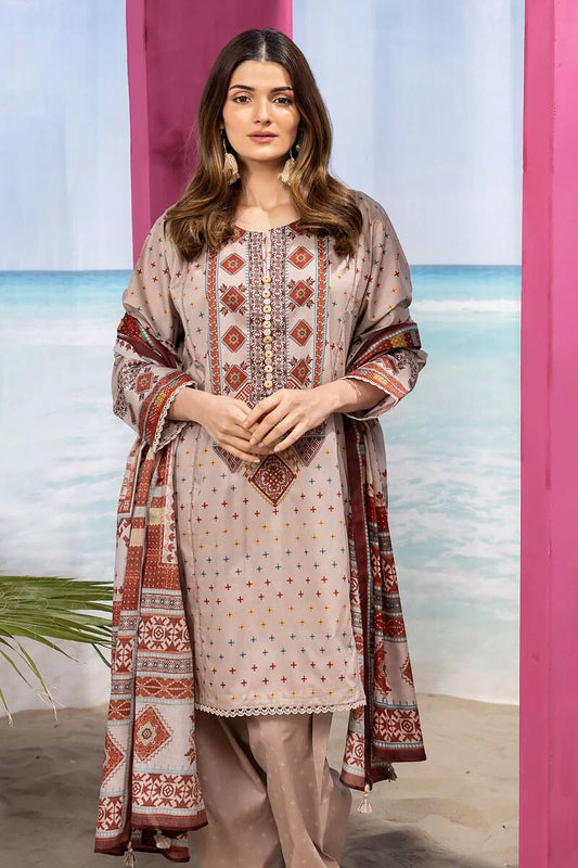 Khaadi | 3 Piece Unstitched Printed Cambric Suit | ALA240122-Beige