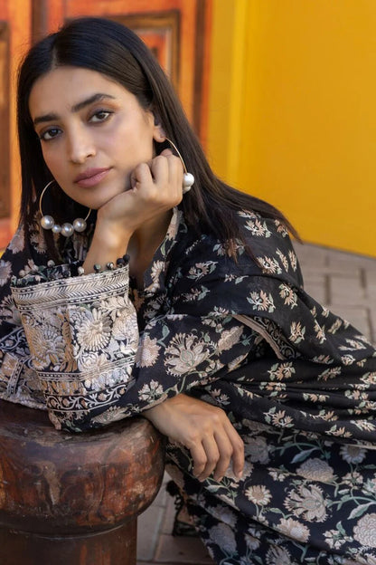 Khaadi | 3 Piece Unstitched Printed Embroidered Lawn Suit | BLA231225-Black