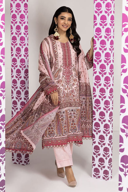 Khaadi | 3 Piece Unstitched Printed Embroidered Lawn Suit | BLA240108-Pink
