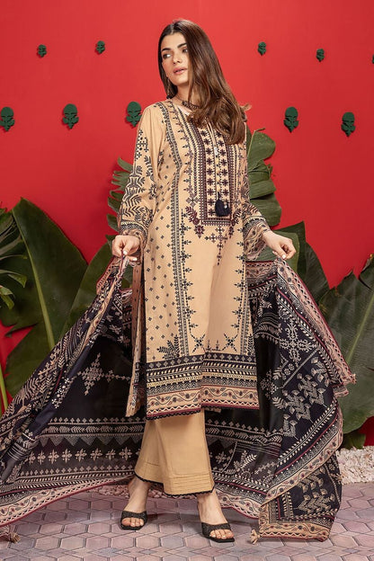 Khaadi | 3 Piece Unstitched Printed Embroidered Lawn Suit | BLA240111-Beige