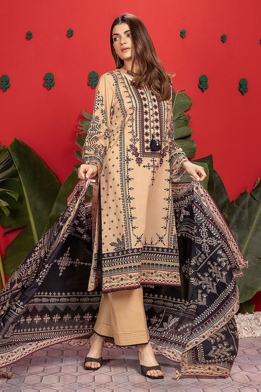 Khaadi | 3 Piece Unstitched Printed Embroidered Lawn Suit | BLA240111-Beige