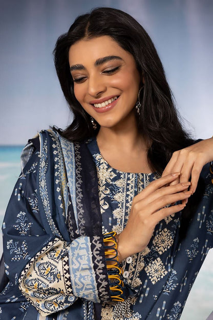 Khaadi | 3 Piece Unstitched Printed Embroidered Lawn Suit | BLA240127-Blue